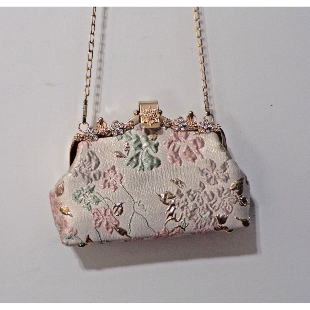 Evening Cross Body Clutch Party Handbag Gold Accents Pearls & Gems 2 Straps
